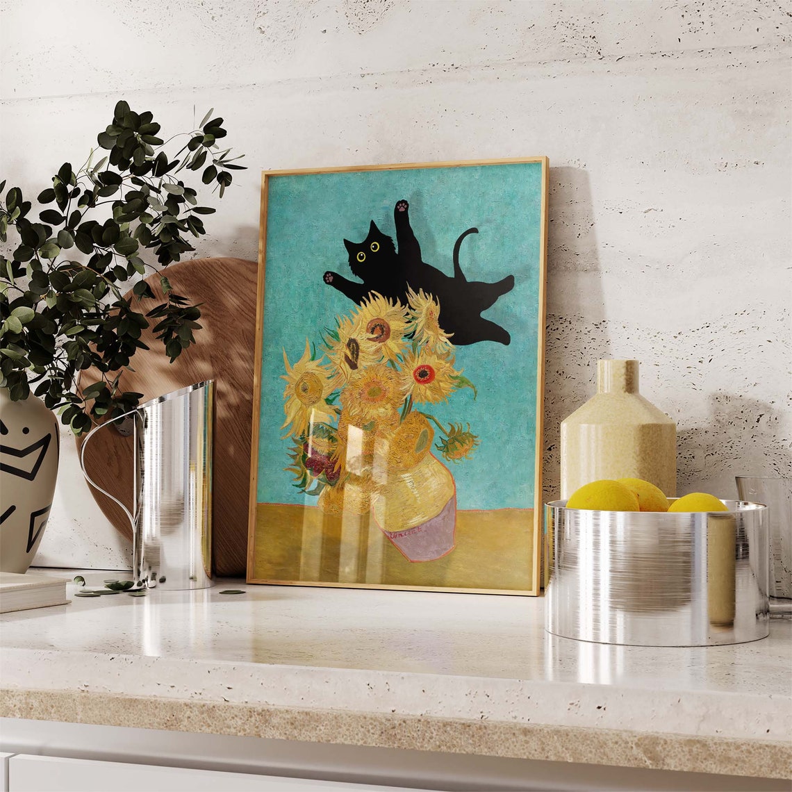 Black Cat Leaping Over Van Gogh Sunflower Vase Fun Art Poster - Image 2