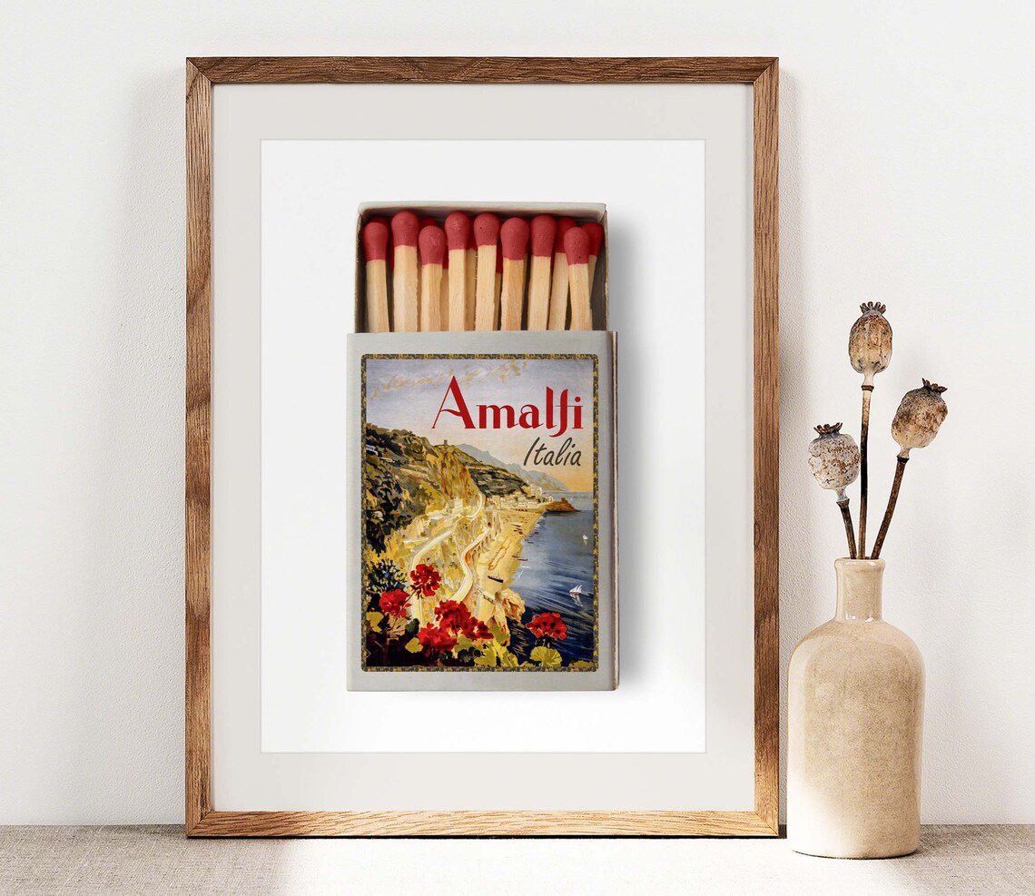 Amalfi Italia Vintage Matchbox Art Trendy Coastal Poster Decor