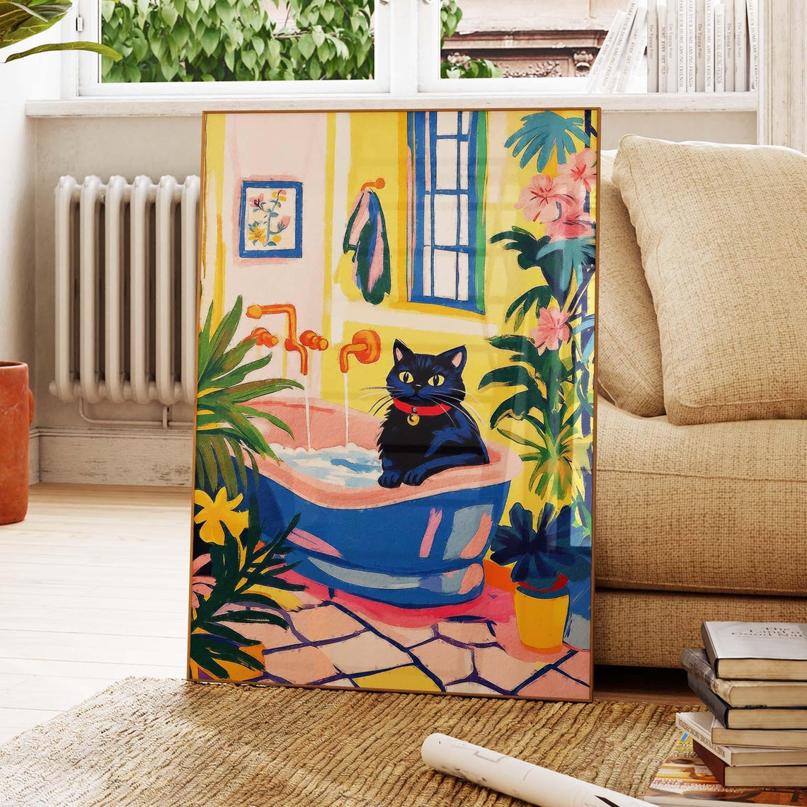Black Cat Lounging In A Blue Bathtub Tropical Bathroom Poster