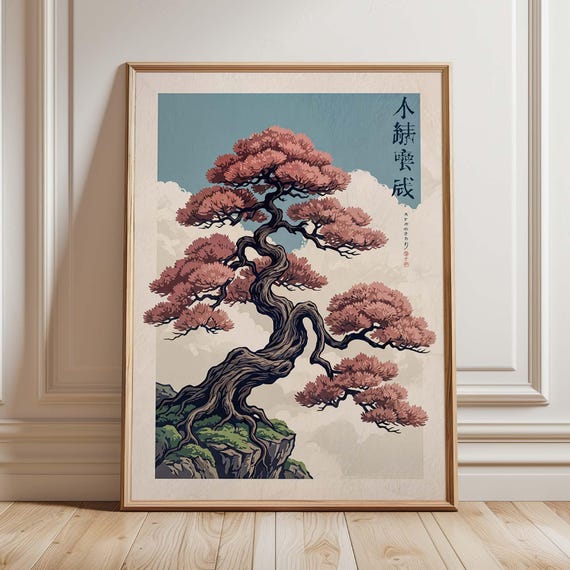 Japanese Bonsai Tree Art Print Pink Sakura Poster Zen Botanical Decor