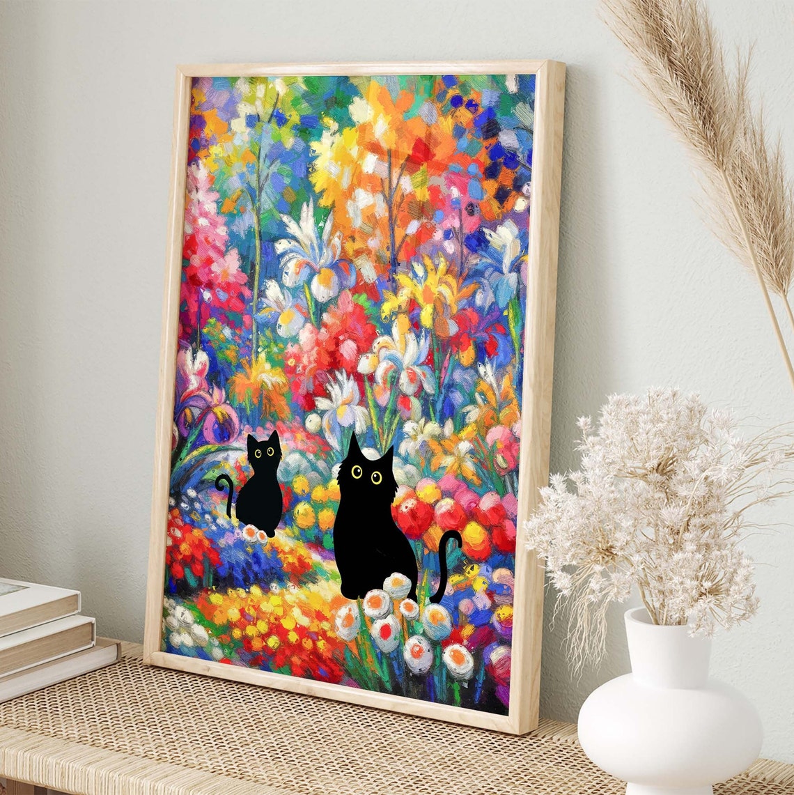Two Black Cats In Vibrant Impressionist Wildflower Garden Art Poster - Image 3