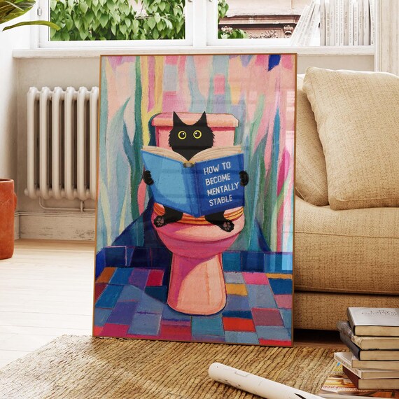 Black Cat Reading on Pink Toilet Funny Bathroom Humor Poster