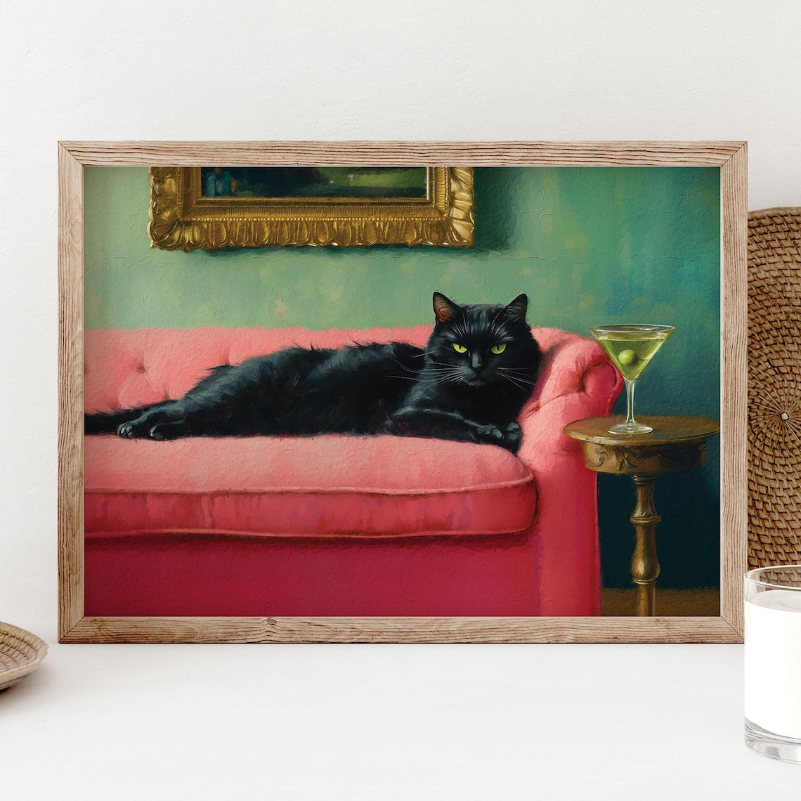 Black Cat With Martini, Quirky Cocktail Art Print