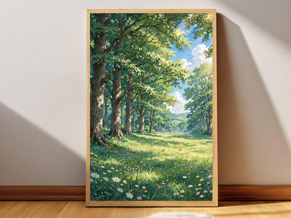 Anime Forest Clearing Sunlit Meadow Wildflowers Landscape Poster