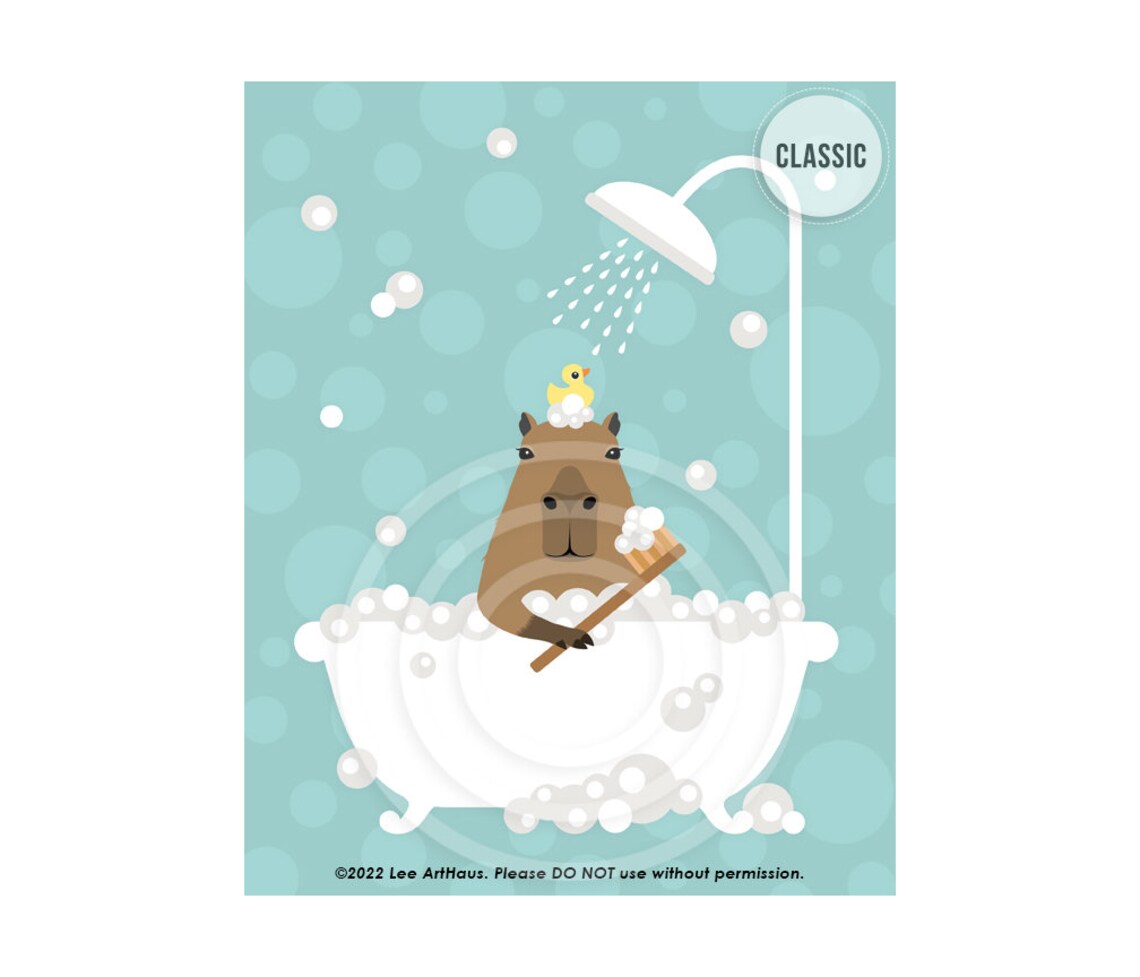 Capybara in Bubble Bath With Rubber Duck Cute Animal Art Poster - Image 4
