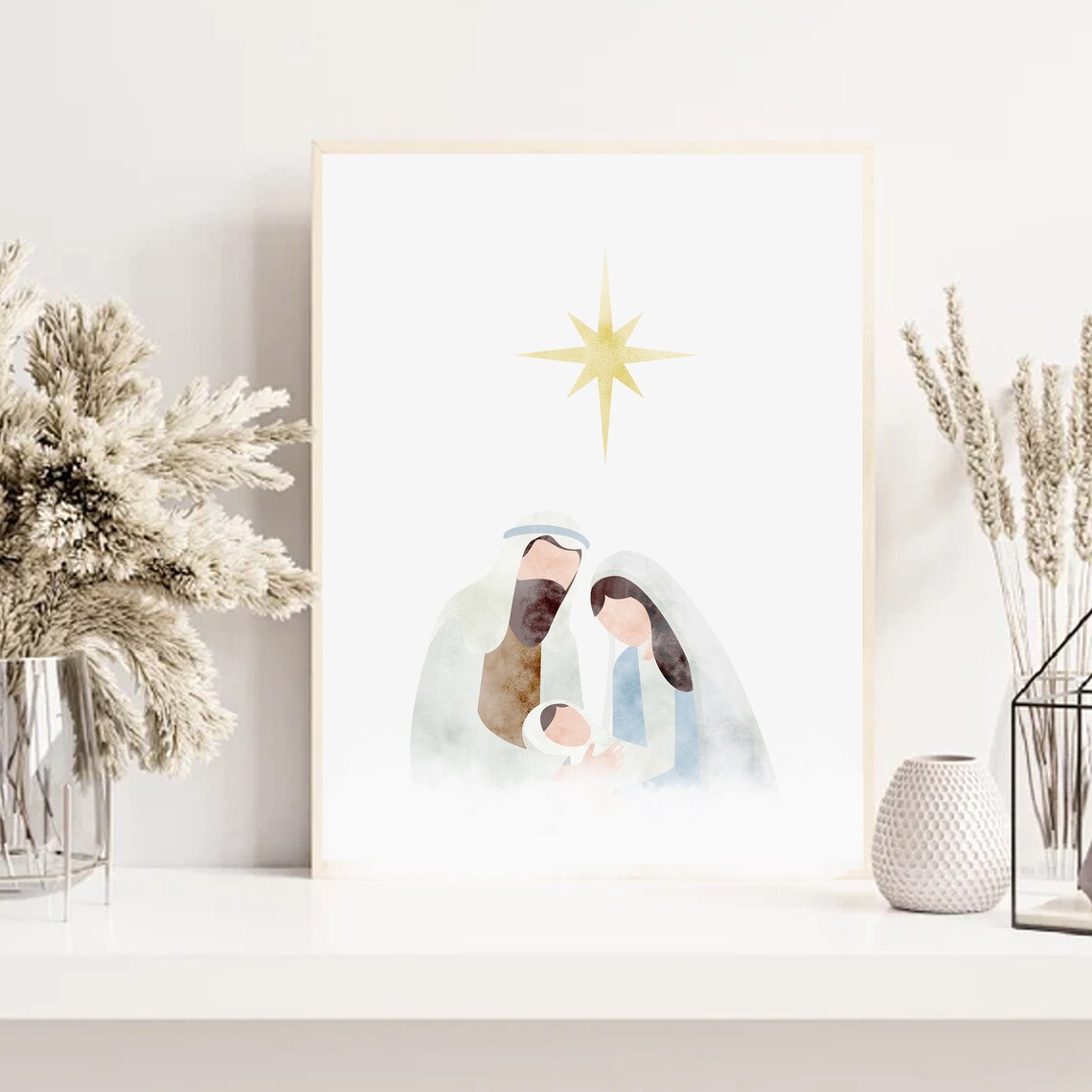 Minimalist Watercolor Nativity With Mary Joseph and Baby Jesus Poster
