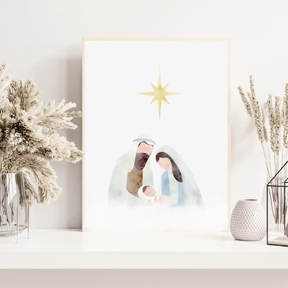 Minimalist Watercolor Nativity With Mary Joseph and Baby Jesus Poster