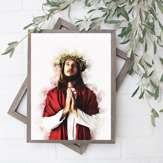 Jesus Christ in Crown of Thorns Praying Watercolor Art Poster