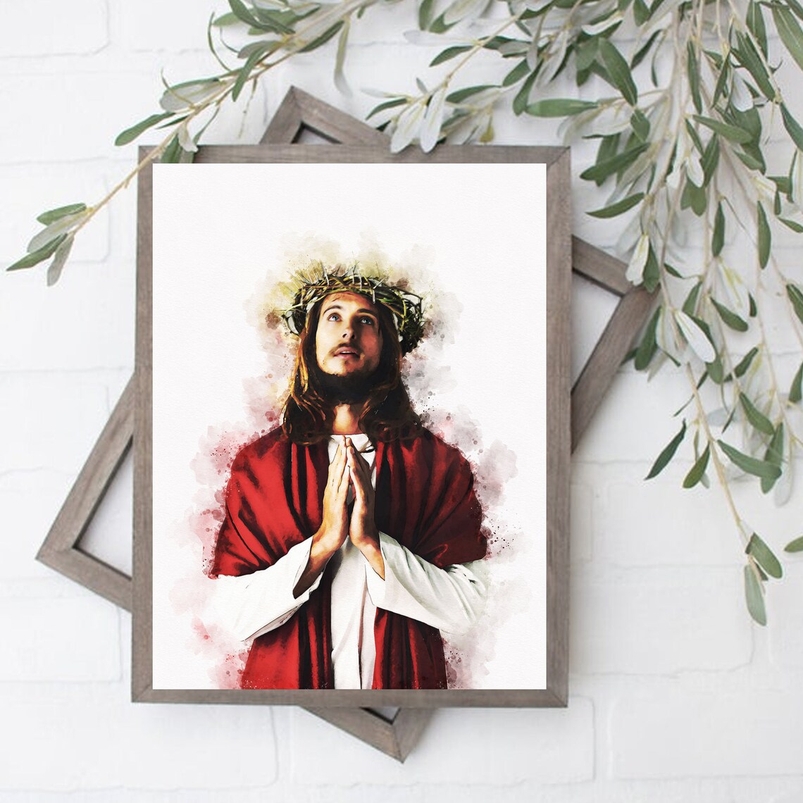 Jesus Christ in Crown of Thorns Praying Watercolor Art Poster