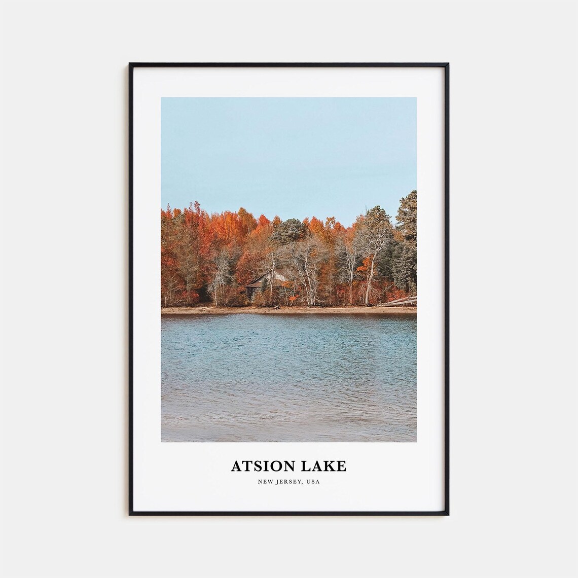 Atsion Lake New Jersey Autumn Shore Cabin Minimalist Travel Poster