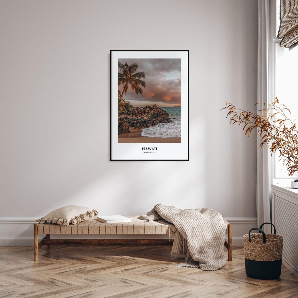 Hawaii Palm Tree Rocky Beach Sunset Ocean Photography Travel Poster - Image 3