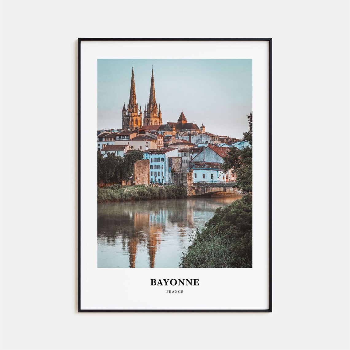 Bayonne France Cathedral Spires River Sunset Minimalist Travel Poster