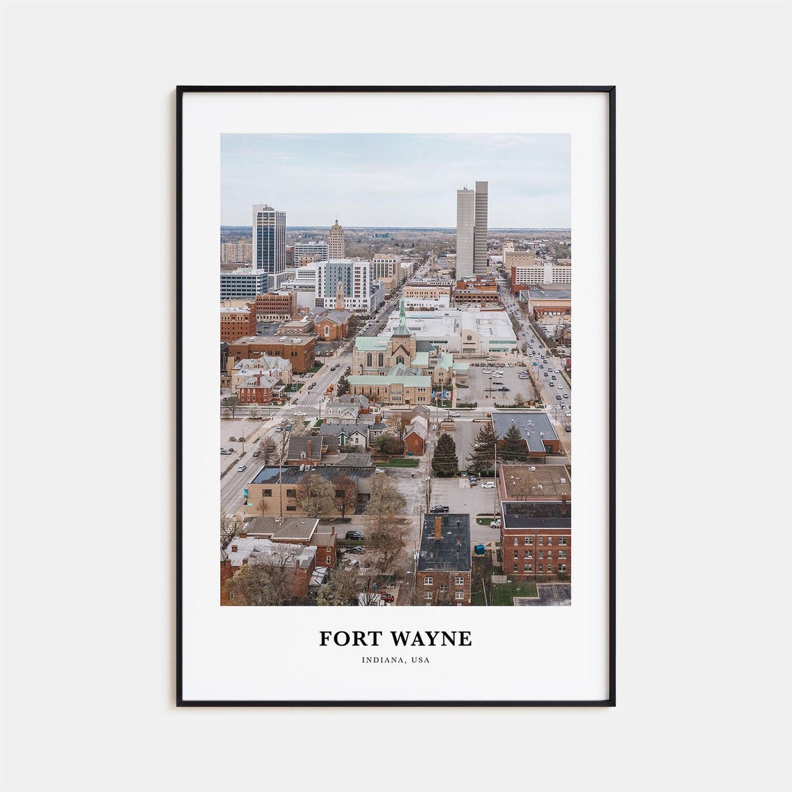 Fort Wayne Indiana Downtown Aerial Skyline Cathedral Travel Poster