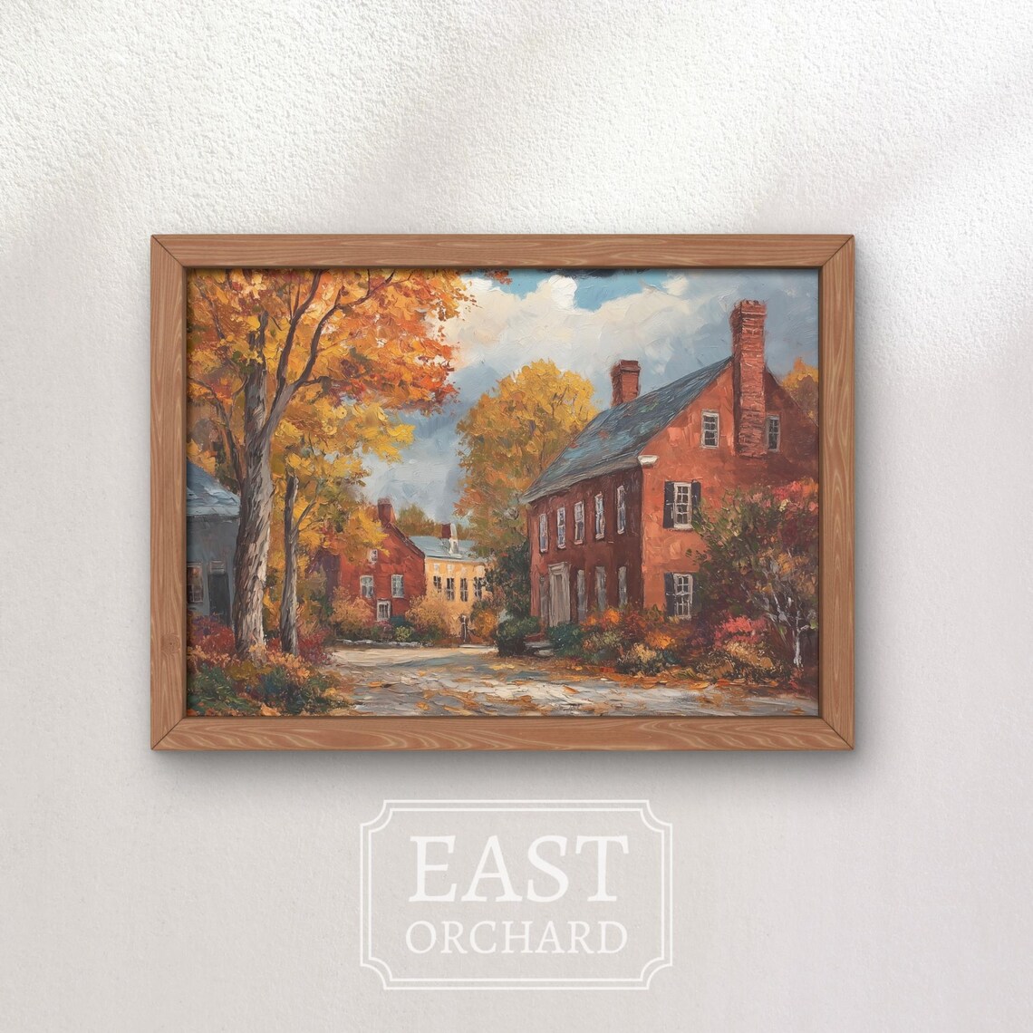 Autumn Colonial Brick Street Golden Maples Vintage Oil Painting Poster - Image 3