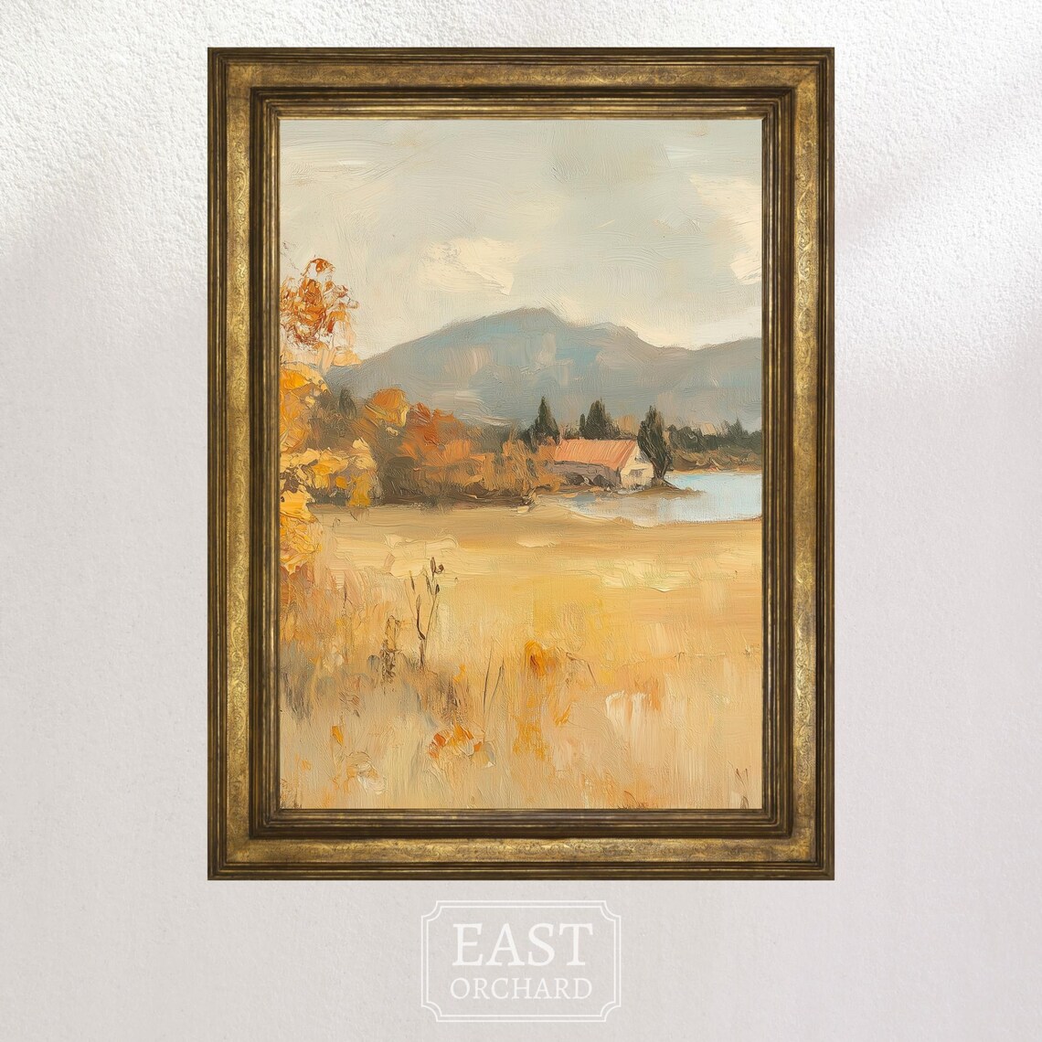 Golden Wheat Field Farmhouse Lake Misty Mountain Impressionist Poster - Image 3