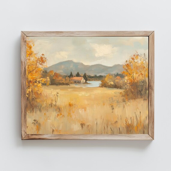 Autumn Field Pond Red Barn Mountains Golden Fall Farmhouse Painting Poster