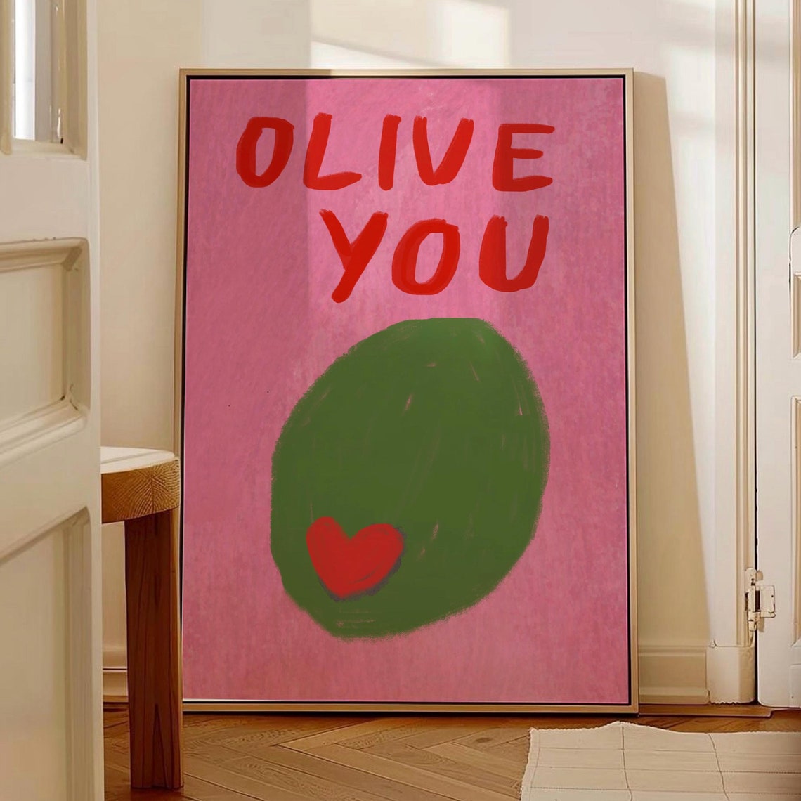 Cheerful Olive You Red Pink Olive Heart Foodie Kitchen Decor Poster