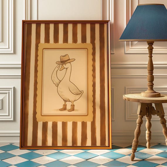 Gentleman Silly Cowboy Goose Wall Art Print Funny Western Retro Duck Poster Nursery Decor Rustic Vintage Artwork
