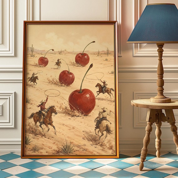 Cowboys Roping Giant Cherries Surreal Desert Western Art Poster