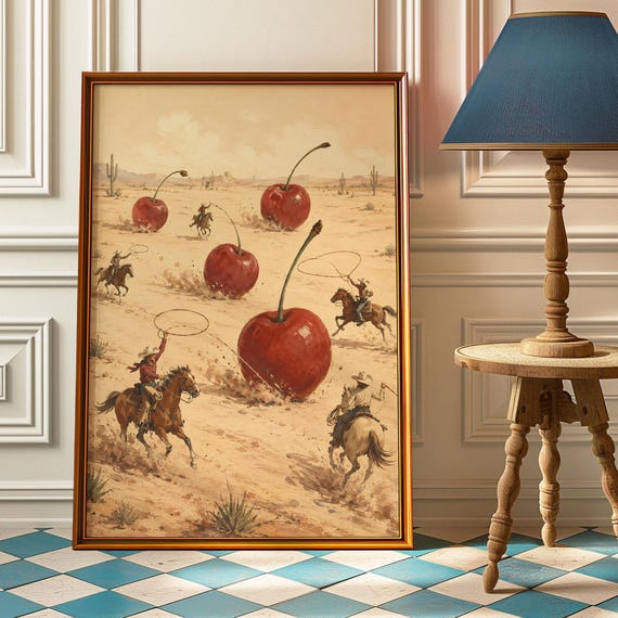 Giant Cherry Cowboy Poster Tiny Rodeo Riders Wall Art Quirky Western Desert Print Vintage Ranch Kitchen And Bar Decor