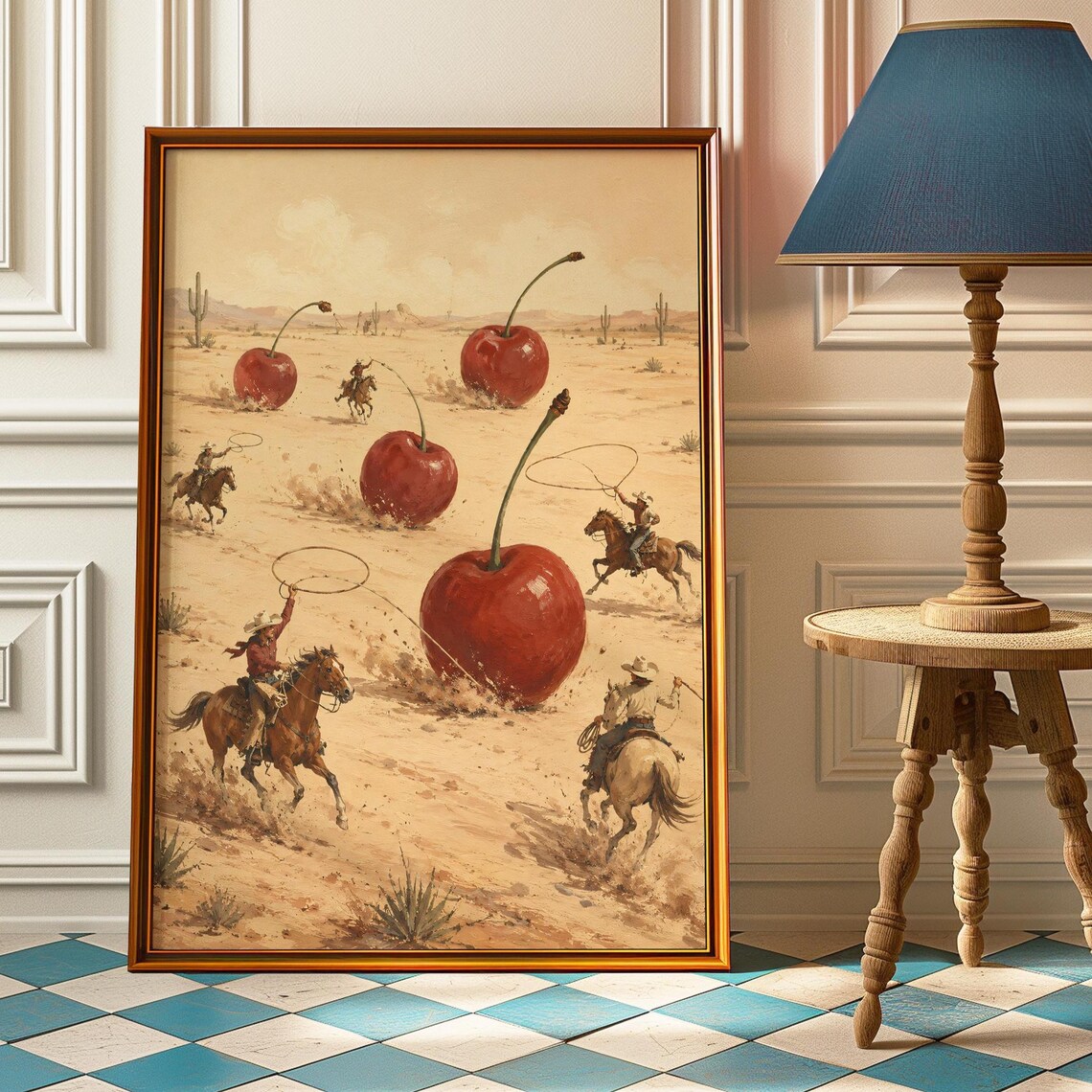Cowboys Roping Giant Cherries Surreal Desert Western Art Poster