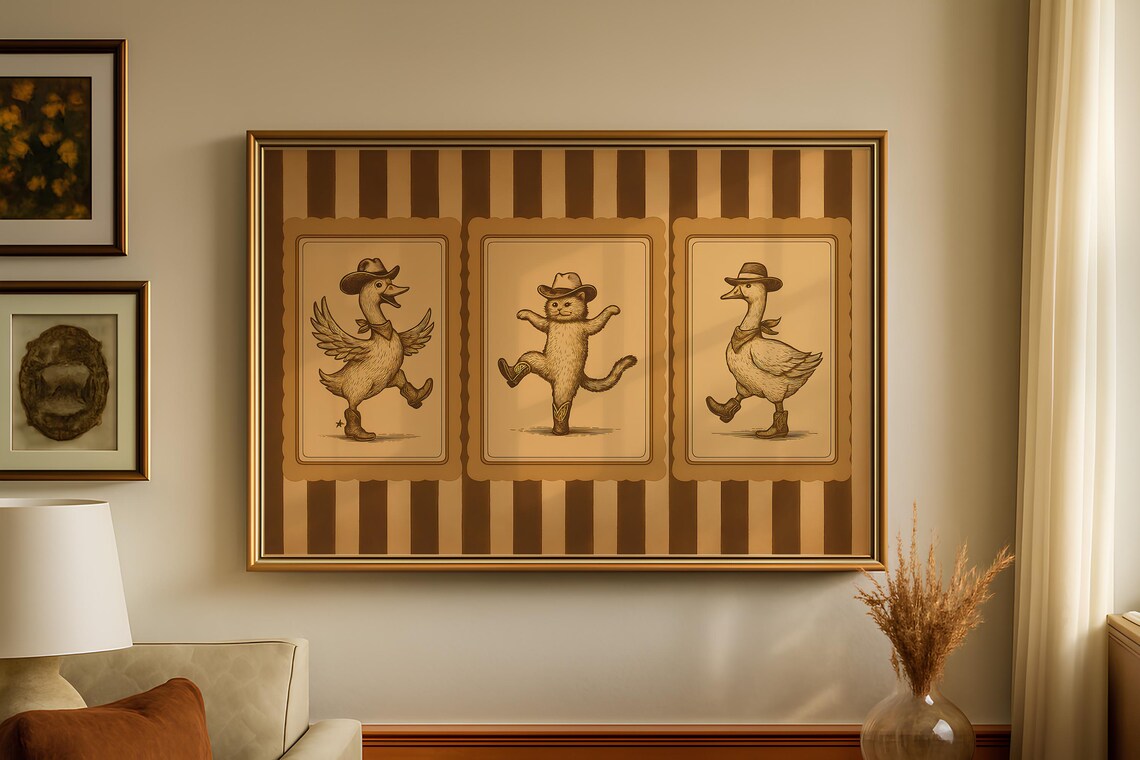 Whimsical Cowboy Cat Goose Vintage Western Art Print