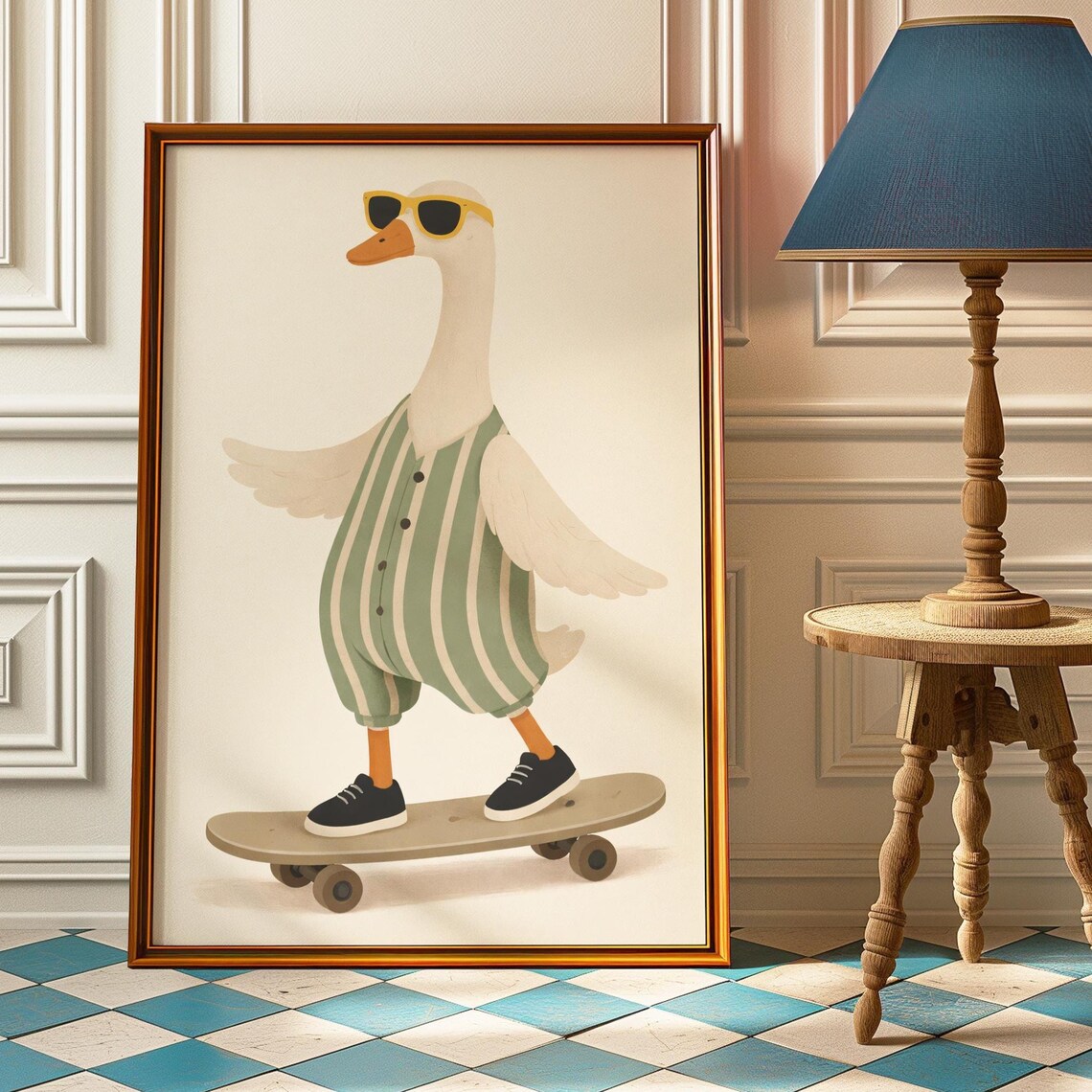 Silly Goose In Pajamas Sunglasses Skateboard Funny Animal Art Poster