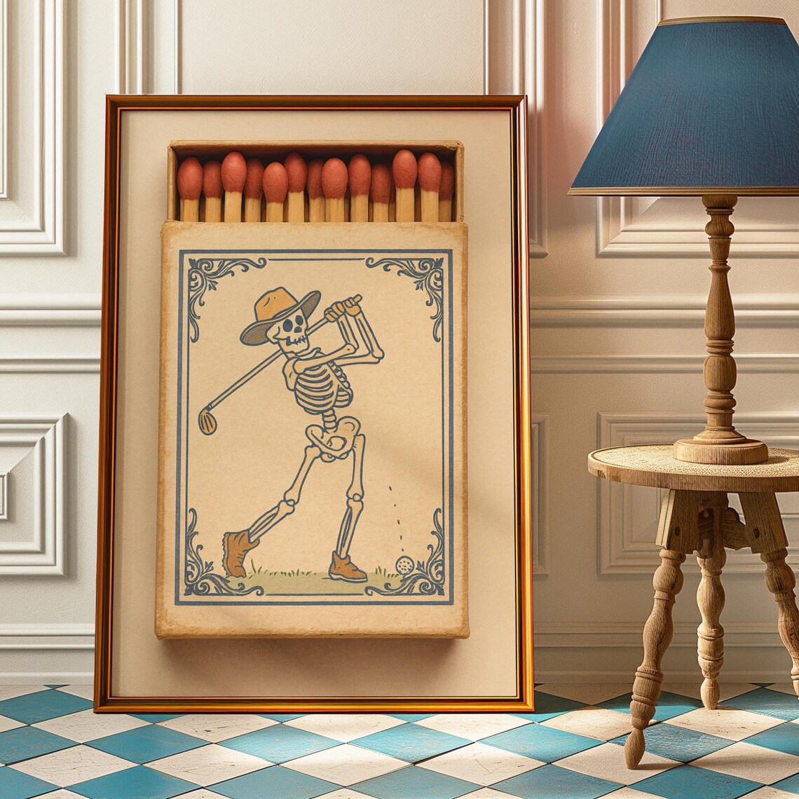 Skeleton Golfer Matchbook Poster, Vintage Western