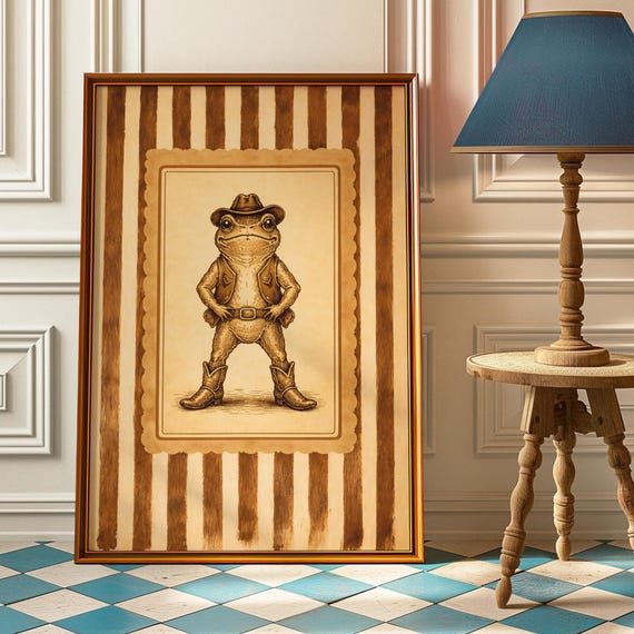 Silly Cowboy Frog Poster Vintage Western Funny Animal Wall Art Retro Rustic Decor For Home Or Gift Whimsical Nursery Print