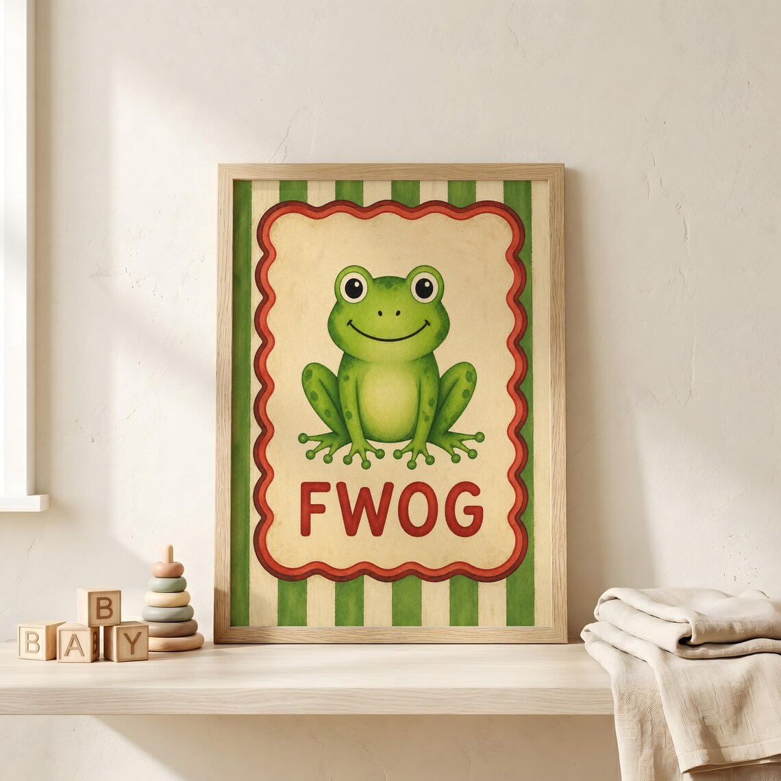 FWOG Cute Green Frog Nursery Kids Room Retro Stripes Art Print