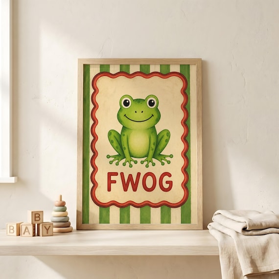 FWOG Cute Green Frog Nursery Kids Room Retro Stripes Art Print