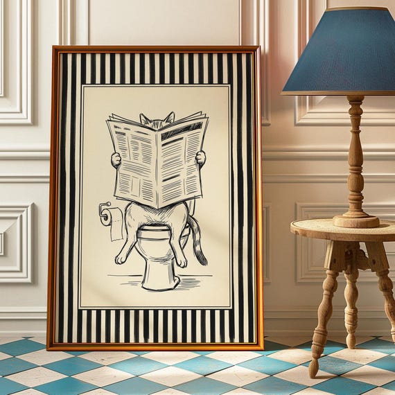 Cat On Toilet Poster Black White Bathroom Wall Art Funny Reading Print Modern Powder Room Decor