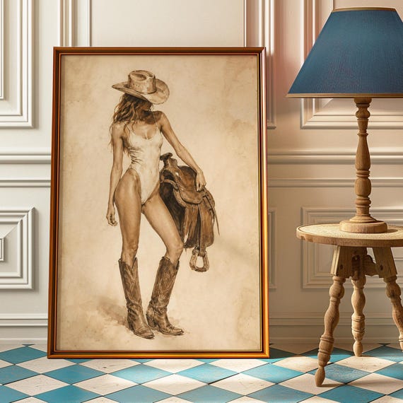 Saddle Cowgirl Poster Sepia Pinup Wall Art Vintage Western Print Equestrian Painting Rodeo Bedroom Decor Coastal Gift