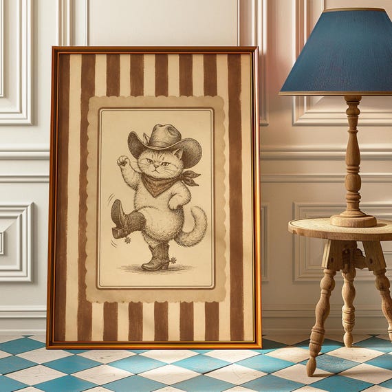 Dancing Cowboy Cat, Funny Vintage Western Poster