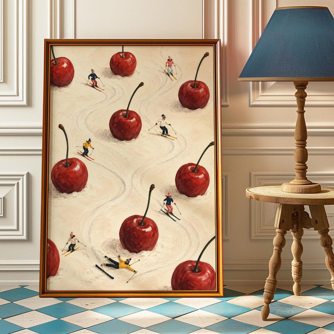 Cherry Ski Poster, Vintage Winter Sports Art Print