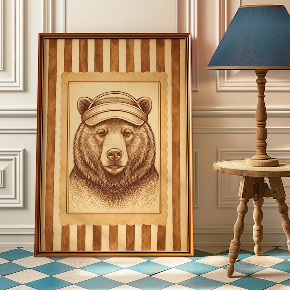 Vintage Bear Tennis Visor Retro Sport Engraving Game Room Poster