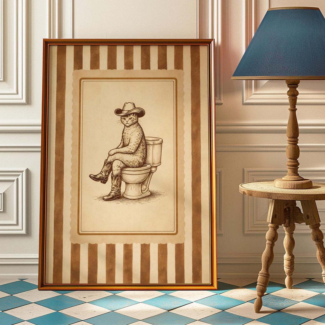 Cowboy Cat Toilet Funny Western Vintage Etching Bathroom Poster