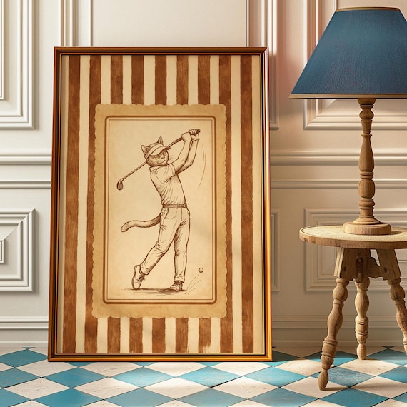 Golfer Cat Vintage Swing Sketch Sepia Sports Humor Art Poster