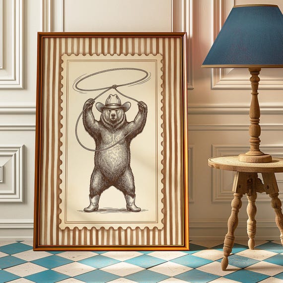 Lasso Bear Poster Cowboy Western Wall Art Vintage Rodeo Print Funny Cabin Lodge Decor