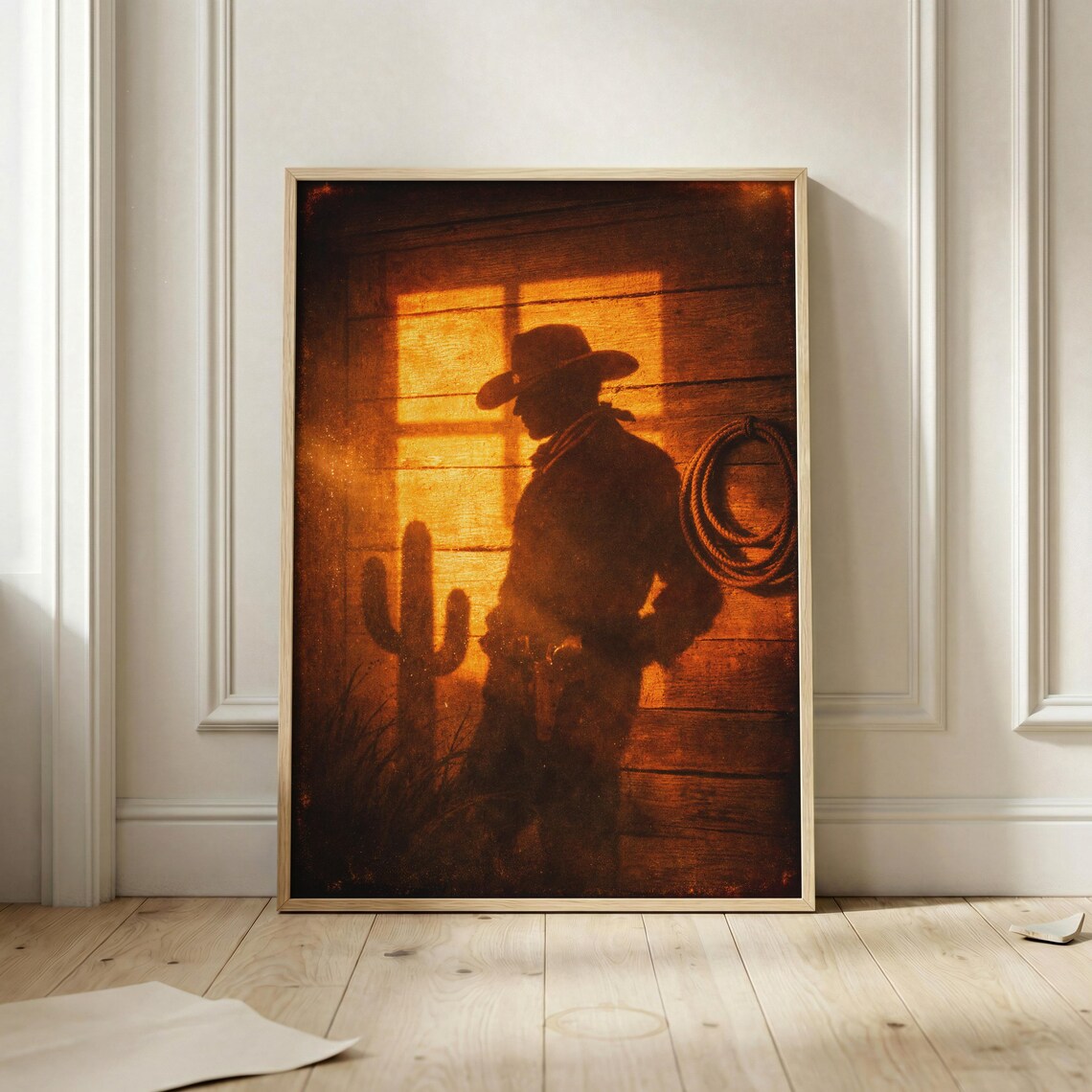 Vintage Cowboy Silhouette Shadow Sunset Desert Western Ranch Poster