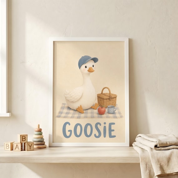 Cute Duck Picnic Basket Goosie Name Baby Nursery Wall Poster