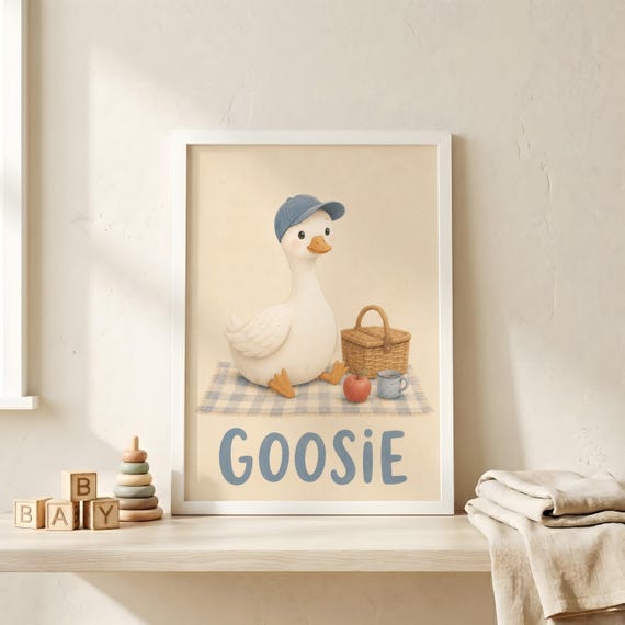 Personalized Duck Picnic Nursery Poster Custom Name Baby Wall Art Print
