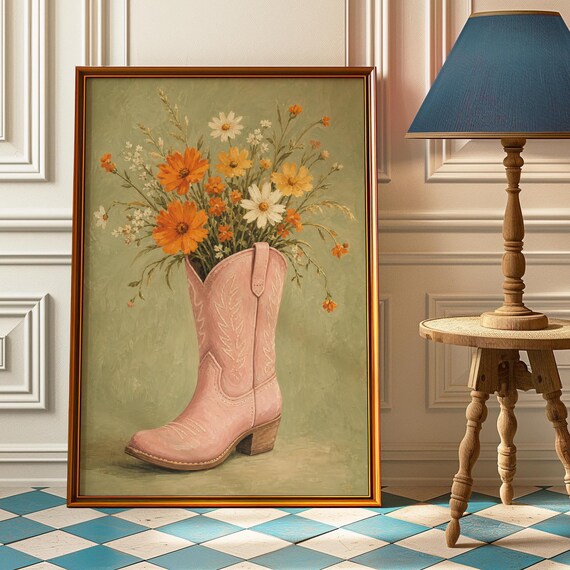 Pink Cowboy Boot Wildflower Bouquet Vintage Oil Painting Poster