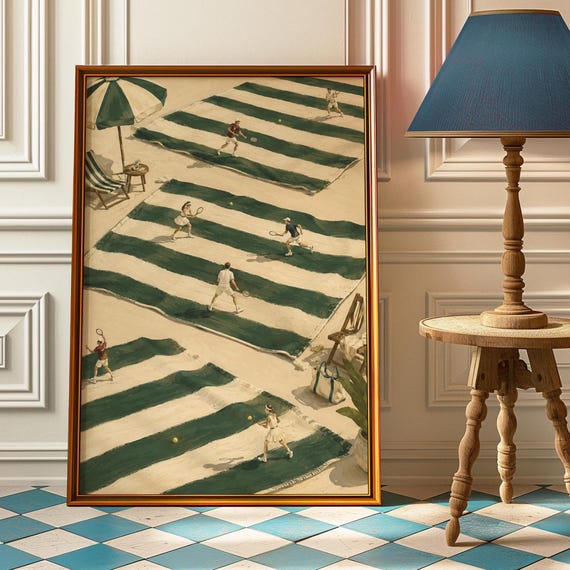 Green Stripe Tennis Poster Country Club Wall Art Vintage Sports Print Preppy Office Decor