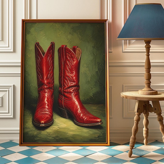 Red Cowboy Boots Poster Western Wall Art Vintage Print Dark Green Painting Country Bedroom Decor Cowgirl Closet Gift