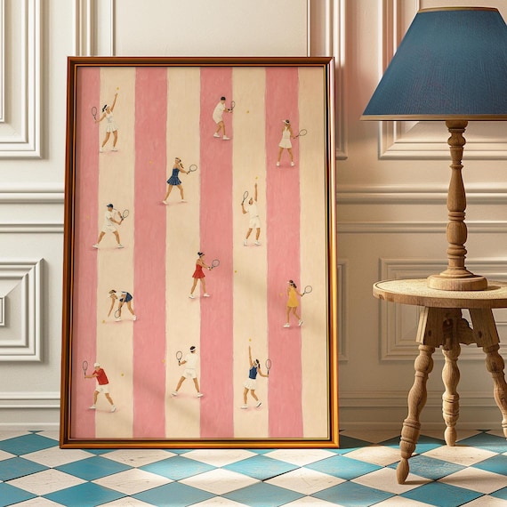Pink Tennis Players Poster Vintage Striped Preppy Sports Wall Decor