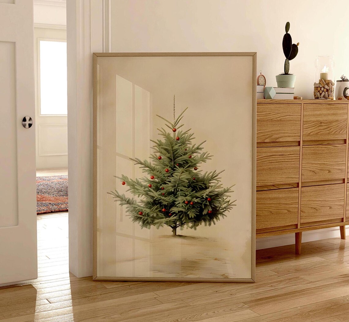 Vintage Christmas Tree Poster, Neutral Holiday Decor