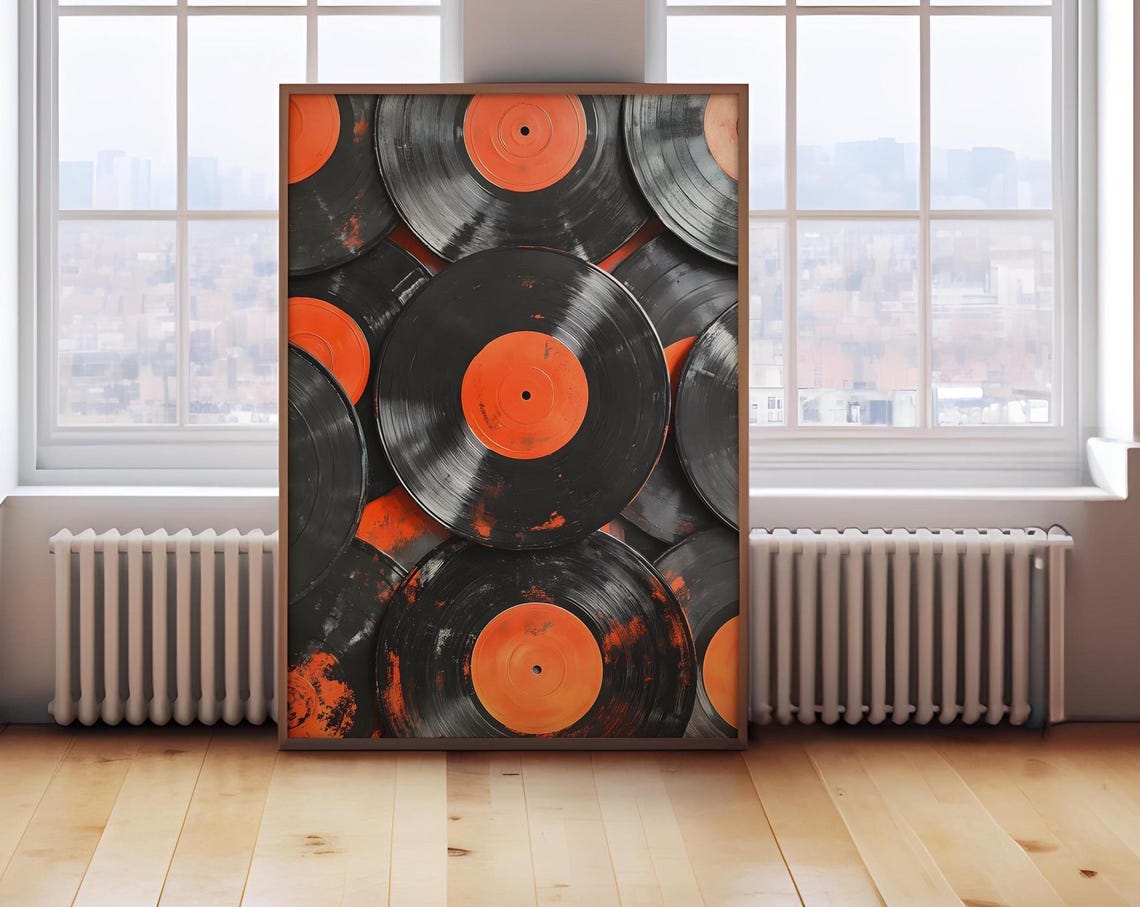 Pile Of Vinyl Records With Orange Labels Grunge Music Poster