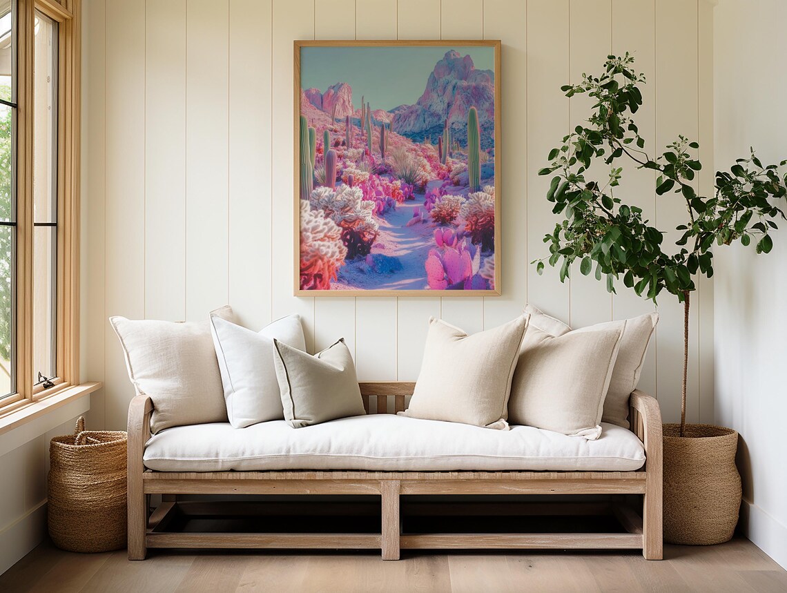 Retro Pink Desert Landscape Vintage Cactus Poster - Image 3