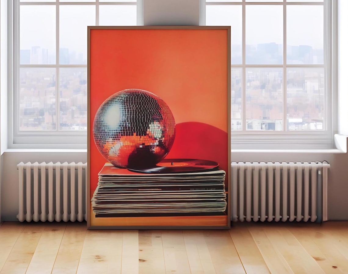 Retro Music Poster, Vintage Vinyl Disco Ball Art Print